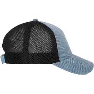 A corduroy-mesh cap featuring a light blue front and a black mesh back. It has a structured six-panel design.