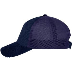 A navy 6 panel cap made of corduroy and mesh, featuring a structured design and adjustable back.