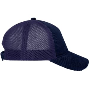A navy 6 panel corduroy-mesh cap with a breathable mesh back and a curved peak, featuring a logo.