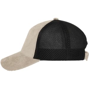 A 6-panel cap featuring a corduroy front in beige and a black mesh back, with a curved visor and adjustable strap.
