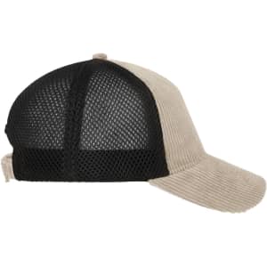 A beige and black 6 panel corduroy-mesh cap featuring a mesh back and curved brim, with a logo on the front.