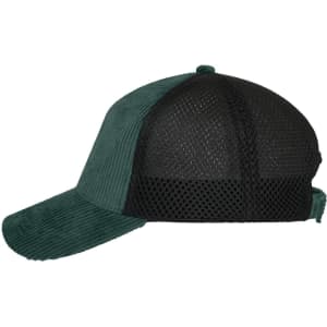 A green corduroy cap with a black mesh panel and a curved brim. The cap features a logo.