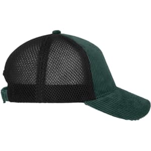 A 6 panel cap featuring a dark green corduroy front and black mesh back, with a logo on the front.