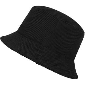 A black corduroy fisherman hat with a wide brim and a textured finish, featuring a logo.