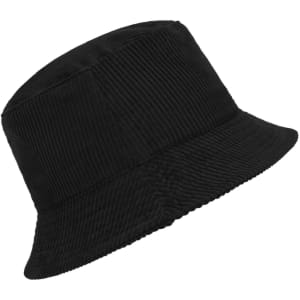 A black corduroy bucket hat featuring a textured design and a logo. Ideal for stylish headwear.