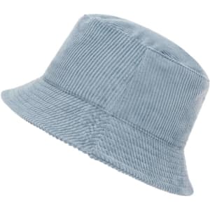 A corduroy bucket hat in soft blue, featuring a textured fabric and a simple design. Includes a branding logo.