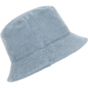 A corduroy bucket hat in a light blue shade, featuring a textured ribbed design and a logo.