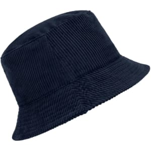 A navy corduroy fisherman hat with a bucket style and textured fabric, featuring a logo.