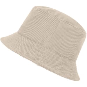 A corduroy bucket hat in beige, featuring a wide brim and a textured finish, with a logo on the side.