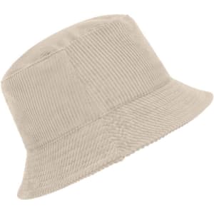 A corduroy fisherman hat in beige, featuring a bucket style and ribbed texture, with a logo present.