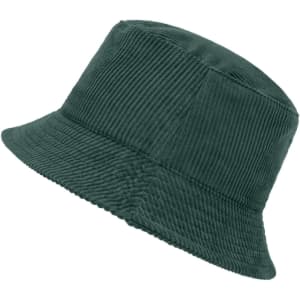 A green corduroy fisherman hat, featuring a wide brim and a textured fabric. It has a branding logo.