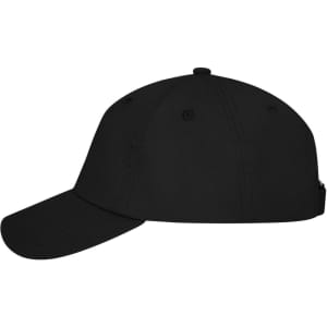 A black 6 Panel Dad Cap featuring a curved brim and an adjustable strap. It includes a logo on the side.