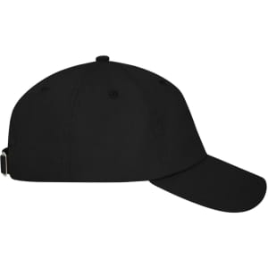 A black 6-panel dad cap featuring a curved brim and adjustable strap at the back. It includes a branding logo.