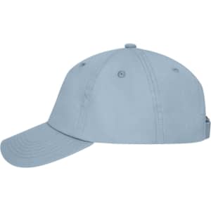 A blue 6 panel dad cap with a curved brim and adjustable strap at the back, featuring a logo.
