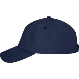 A navy blue 6 panel dad cap with a curved brim and branding on the side.