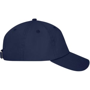 A navy blue 6 panel dad cap featuring a strap at the back and a logo on the front.