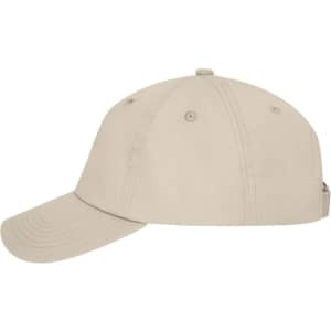 A beige 6-panel dad cap with a curved brim and an adjustable strap at the back, featuring a logo on the front.