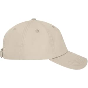 A beige 6 Panel Dad Cap with a curved brim and an adjustable strap at the back, featuring a logo.