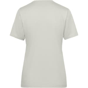 A light grey ladies' workwear T-shirt featuring short sleeves and a plain back design. It has a logo at the neckline.
