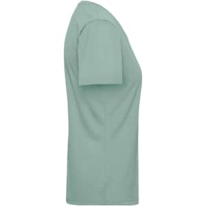 A green ladies' workwear T-shirt with short sleeves, featuring a simple design and a branding logo.