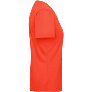 A side view of a bright red ladies' workwear T-shirt with short sleeves and a fitted design.