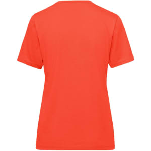 A red ladies' t-shirt featuring a plain back design and short sleeves, suitable for workwear. It has a logo.
