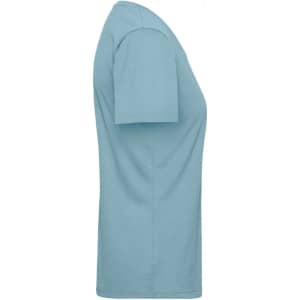 A blue ladies' bio workwear T-shirt displayed from the side, featuring a short sleeve design and a simple cut.