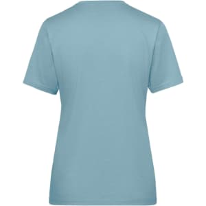 A light blue ladies' T-shirt with short sleeves and a plain back. It features a logo.