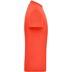 A side view of a bright orange men's workwear T-shirt featuring short sleeves. It has a logo on the chest.