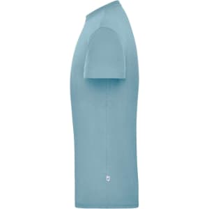 A men's workwear T-shirt in a light blue colour, featuring a side view with a logo near the hem.