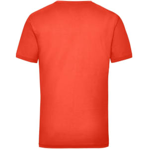 A red work t-shirt with a simple design and short sleeves, featuring a logo on the back.