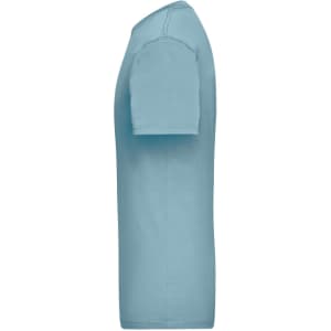 A light blue work T-shirt featuring a round neckline and short sleeves, shown from the side. It has a logo.