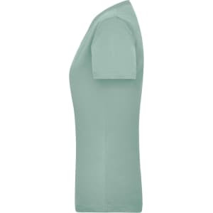 A mint green women's work T-shirt displayed from the side, featuring a simple design and a logo.