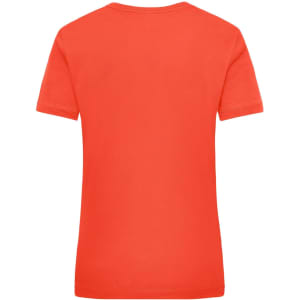 A red women's work t-shirt with a round neck and short sleeves, featuring a logo on the back.