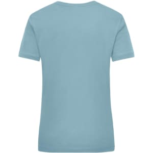 A light blue work t-shirt for women, featuring a simple design and a logo on the back.