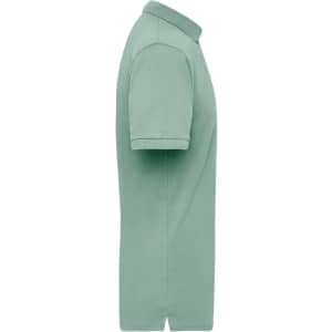 A green work polo shirt featuring a classic collar and short sleeves, with a logo on the front.
