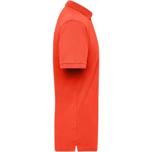 An orange work polo shirt with a collar and short sleeves, featuring a simple design and a logo.