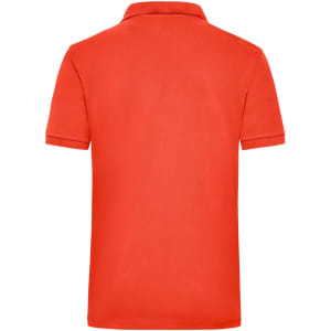 A bright red polo shirt featuring a classic collar and short sleeves, with a logo on the back.