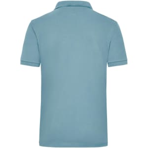 A light blue polo shirt with a collar and short sleeves. It includes a logo on the back.