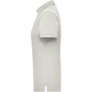 A women's polo shirt in light grey, featuring a classic collar and short sleeves, displaying a logo.