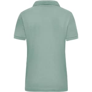 A women's work polo shirt in a soft green colour, featuring a classic collar and short sleeves. It has a logo on the side.