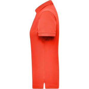 A women’s work polo shirt in bright red, featuring a collar and short sleeves, with a logo on the side.