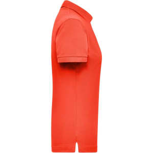 A side view of a red polo shirt designed for women, featuring a collar and short sleeves.
