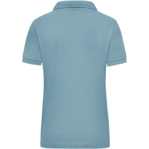 A light blue women's polo shirt with a collar and short sleeves, featuring a logo on the back.