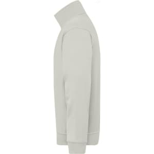A light grey half-zip sweatshirt with a high collar and ribbed cuffs, featuring a logo.