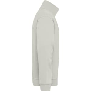 A light grey half zip sweat jumper with a high collar and ribbed cuffs. It features a branding logo on the design.