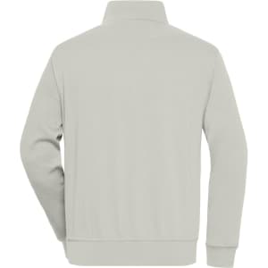 A light grey half zip sweat jumper featuring a collar and a back view. It has a branding logo.