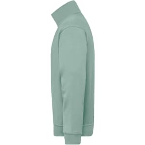 A light green half zip sweatshirt with a collar and long sleeves, featuring a logo.
