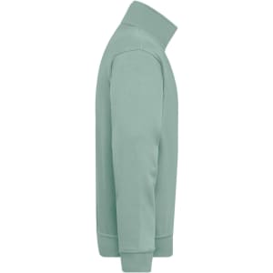 A mint green half-zip work jumper displayed from the side, featuring a collar and long sleeves.