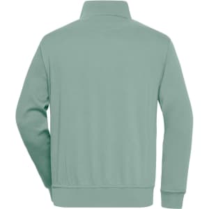 A back view of a mint green half zip sweat jumper featuring a collar and long sleeves. The garment has a logo.
